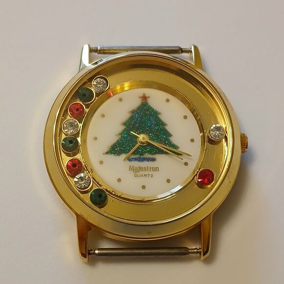 Vtg Majestron Women's Moving Rhinestone Bezel Quartz Watch Case Xmas Theme - Picture 1 of 11